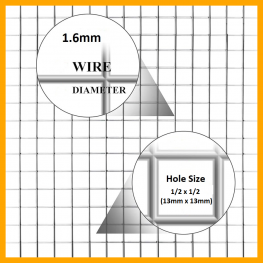 Wire Mesh 13x13mm Holes 16G (1/2"x 1/2" inch) 48"High (4FT) 15 Meters Galvanised