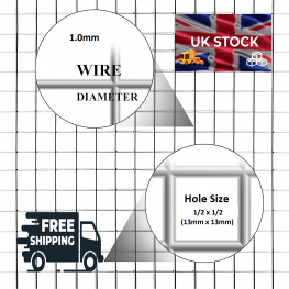 Wire Mesh 13x13mm Holes 19G (1/2"x 1/2" inch) 48"High (4FT) 30 Meters Galvanised